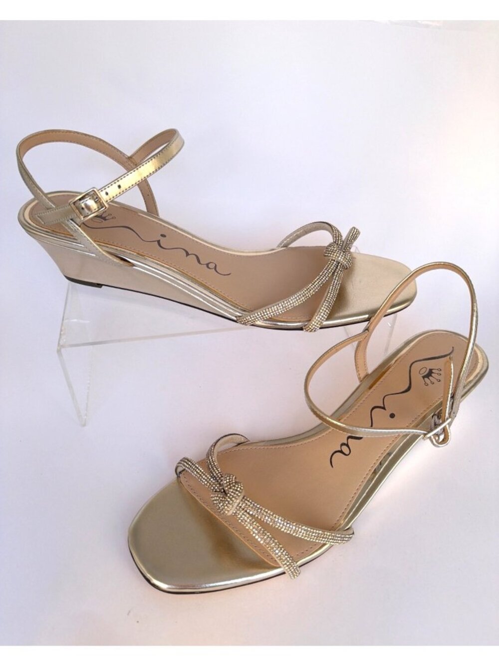 Nina Valeria-Fy Gold Wedge Sandals With Rhinestone Straps Size 10M